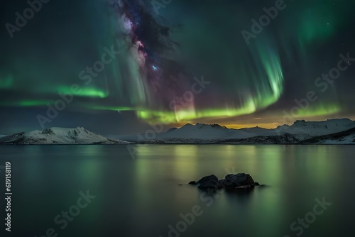 aurora over the lake by AI generating