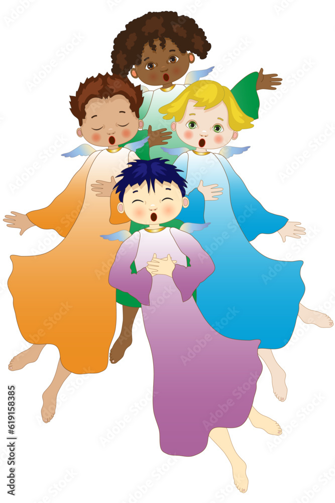 Chorus of four young flying angels against a white background each angel is complete and on a different level Chorus of four young flying angels against a white background each angel is complete and on a different level