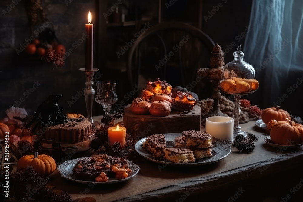 Cupcakes and other pastries at the Halloween celebration, AI Generated Cupcakes and other pastries at the Halloween celebration, AI Generated