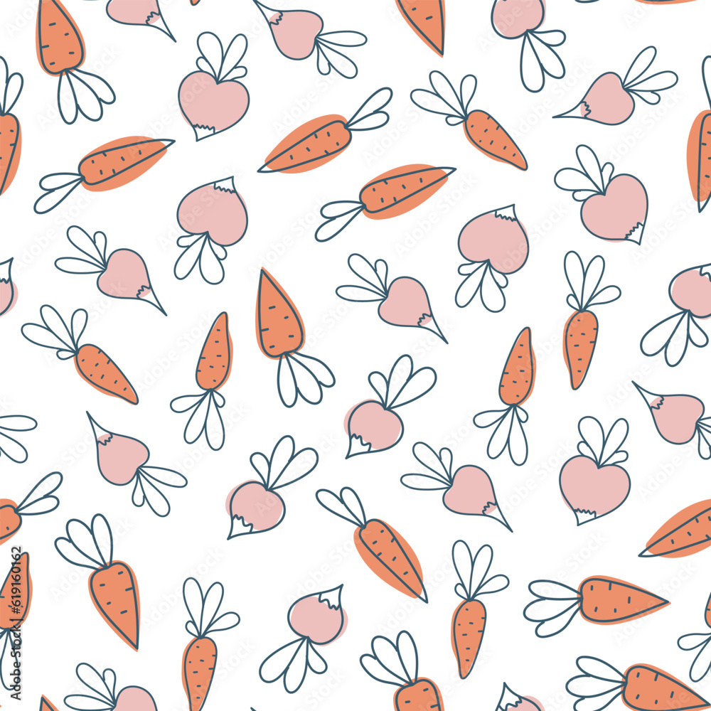 Radish or beet and carrot seamless pattern. Vegetable print. A pattern of simple elements. Vector illustration. Radish or beet and carrot seamless pattern. Vegetable print. A pattern of simple elements. Vector illustration.