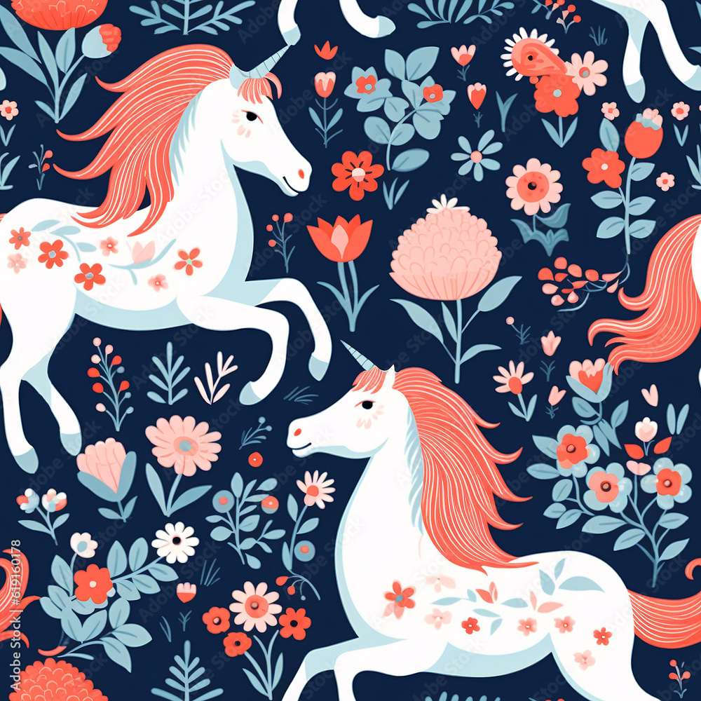 Seamless pattern with cute unicorns on floral background. Perfect for textile, wallpaper or print design. Seamless pattern with cute unicorns on floral background. Perfect for textile, wallpaper or print design.