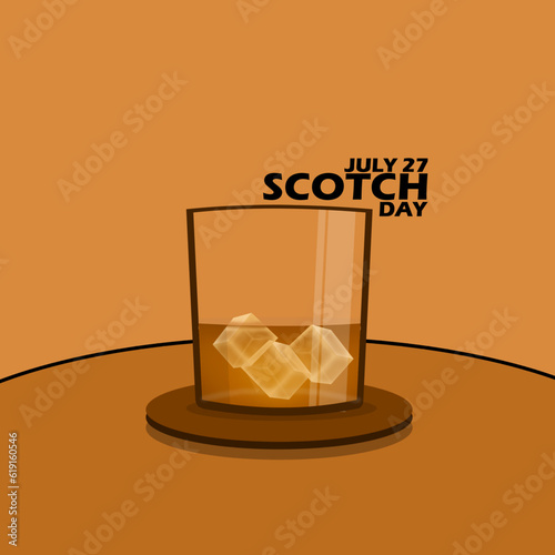 Illustration of a glass of Scotch drink with ice cubes on a wooden plate on a brown table on brown background to celebrate National Scotch Day on July 27