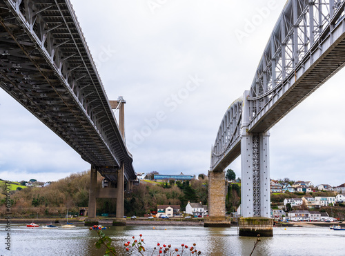 Tamar bridge and Royal Albert bridge in Plymouth Devon photo