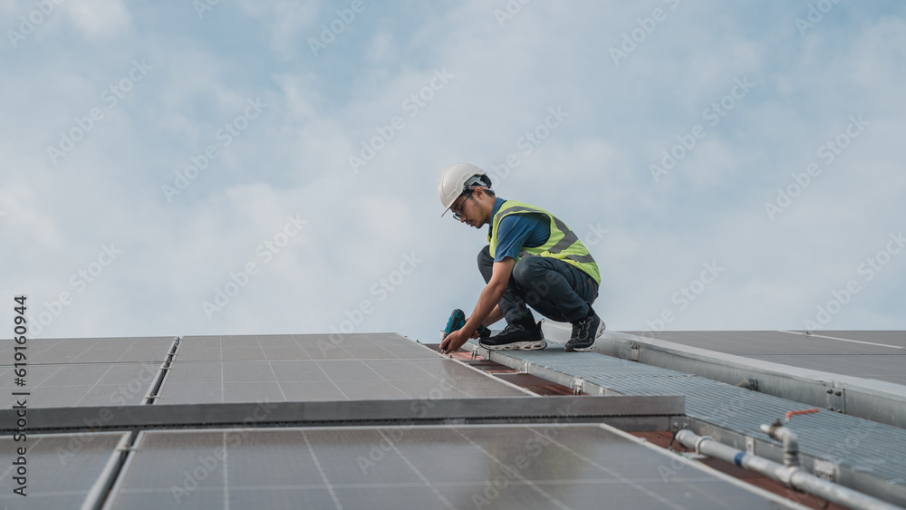Service engineer checking solar cell on the roof for maintenance if there is a damaged part. Engineer worker install solar panel. Clean energy concept. Service engineer checking solar cell on the roof for maintenance if there is a damaged part. Engineer worker install solar panel. Clean energy concept.