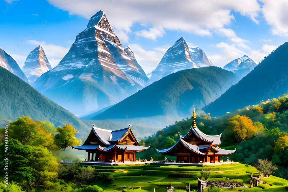 A mystical mountain range with hidden temples. generative AI A mystical mountain range with hidden temples. generative AI