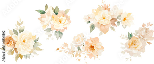 Vector watercolor floral bouquets with gentle beige flowers, neutral watercolor floral arrangement. Perfect for wedding invitations, packages, save the date