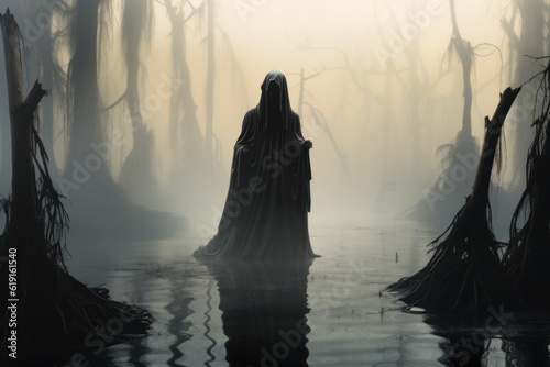 Ethereal ghost with cloth covering it in middle of misty swamp