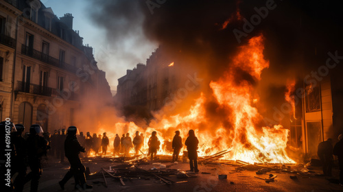 Fototapeta Naklejka Na Ścianę i Meble -  Suburb revolts , young in black destroying and burning down buildings and police , france uprising illustration