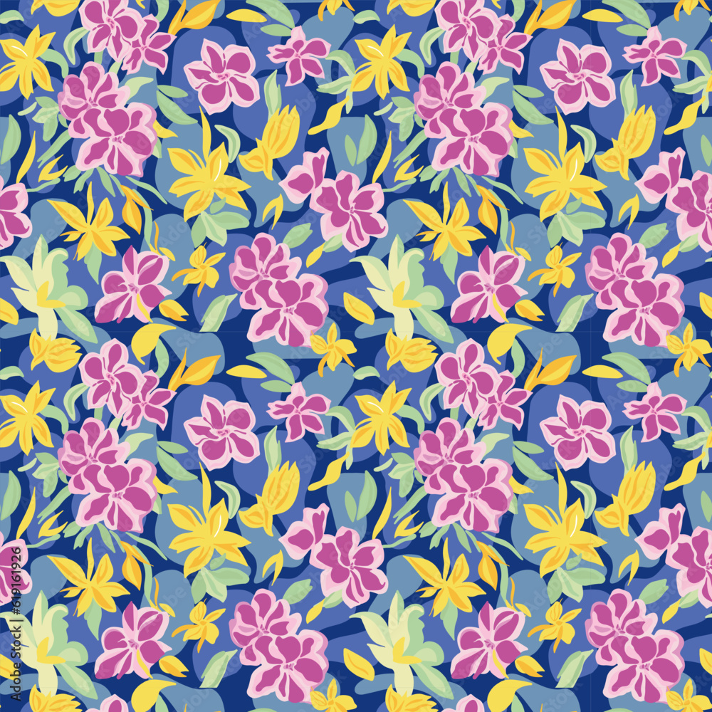Vector seamless pattern abstract flowers and leaves on blue background