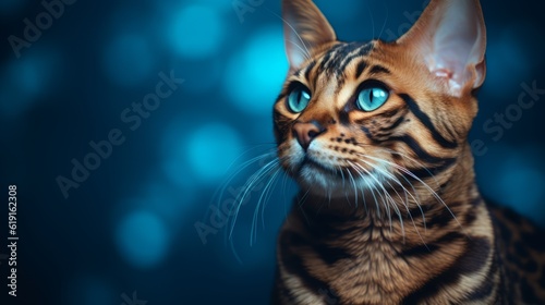 Bengal cat with blue eyes horizontal photo portrait close up. For banner,poster. Ai generated.