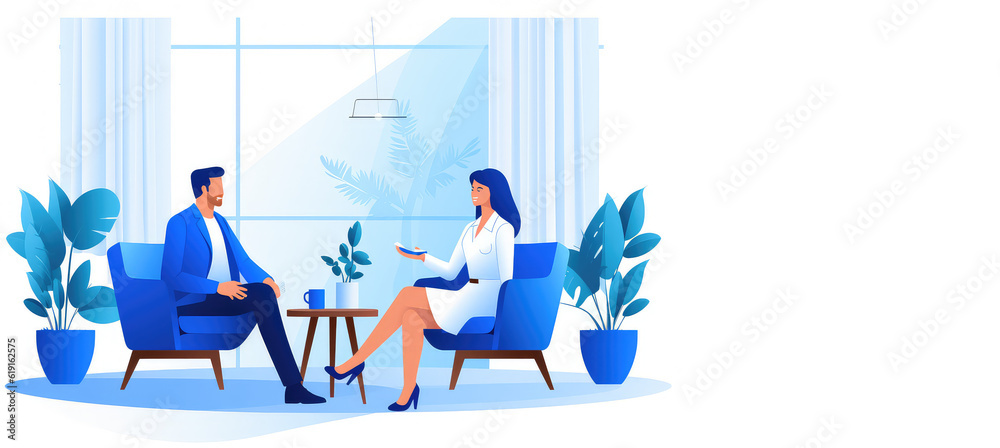 Flat gradient illustration in blue colors. Reception therapist isolated on white background with copy space for text. The psychologist conducts a consultation in the office. Generative AI.