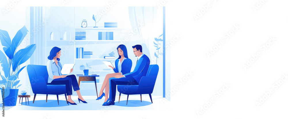 Flat gradient illustration in blue colors. Reception therapist isolated on white background with copy space for text. The psychologist conducts a consultation in the office. Generative AI.