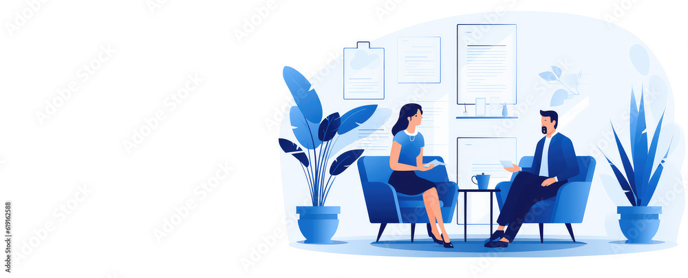 Flat gradient illustration in blue colors. Reception therapist isolated on white background with copy space for text. The psychologist conducts a consultation in the office. Generative AI.