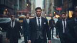 Suited guy in the busy city street with moody color grading