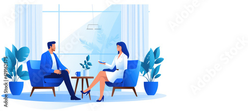 Flat gradient illustration in blue colors. Reception therapist isolated on white background with copy space for text. The psychologist conducts a consultation in the office. Generative AI.
