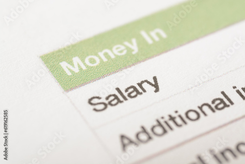 A close-up view of SALARY word displayed on the paper. photo