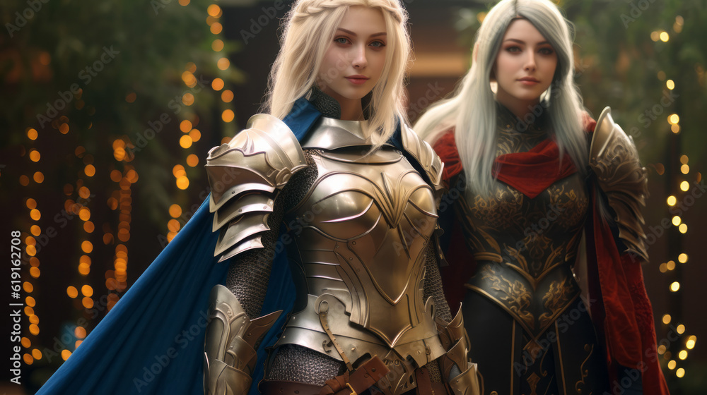 Blond caucasian girl doing an Elf woman warrior cosplay with beautiful armor