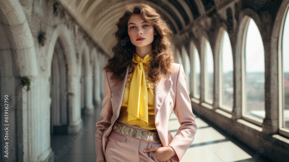 Beautiful caucasian woman with colorful suit and curly hair with historic building background