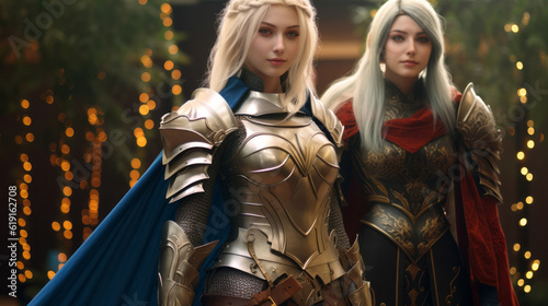 Blond caucasian girl doing an Elf woman warrior cosplay with beautiful armor