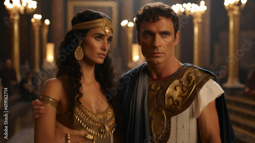 Two people in periodical clothing representing Julius Caesar and Cleopatra from roman empire era