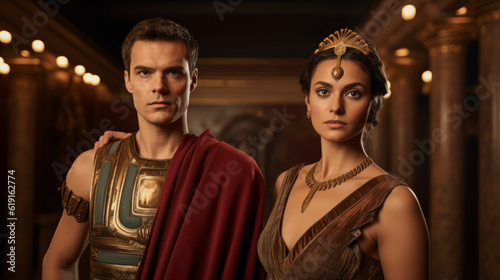 Two people in periodical clothing representing Julius Caesar and Cleopatra from roman empire era