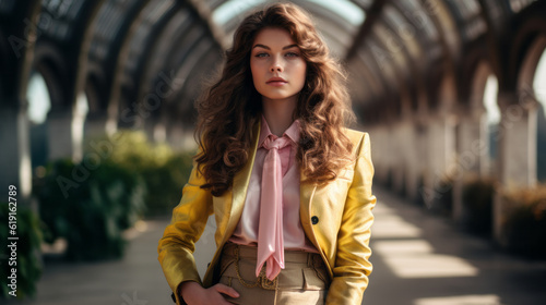 Beautiful caucasian woman with colorful suit and curly hair with historic building background