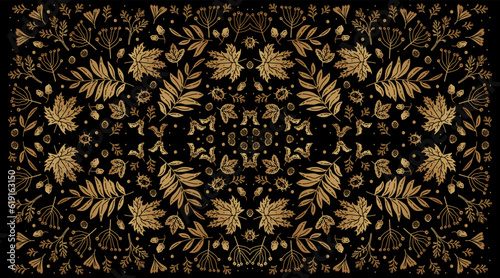 Golden art decoration illustration. Banner for decor, print, textile, wallpaper, interior design. cover background. Luxury seamless pattern with gold leaves.