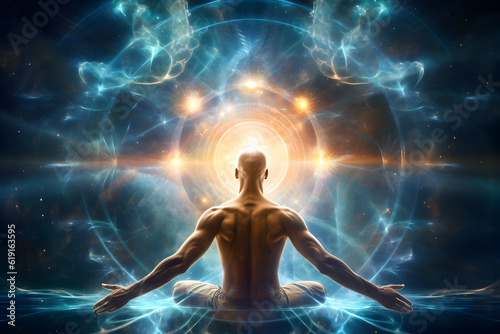 Meditating man opens to universe, awakening