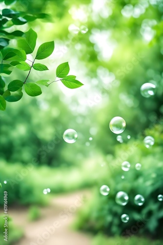 Abstract Blurred Green Color for Background, Blur Leaves at the Health Garden Outdoor and white Bubble focus, Portrait Photography Generative AI