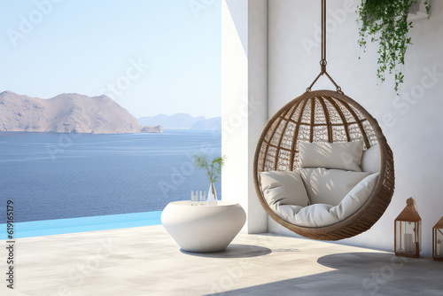 Rattan oval shaped pendant chair with white pillows against a tropical backdrop outside the window. Suspended armchair on the background of a tropical seaside summer landscape. Generative AI photo. © dinastya