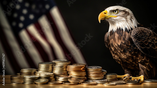 Eagle with several gold coins usa flag background Generative AI	
 photo