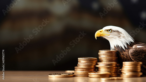Eagle with several gold coins Generative AI	
 photo