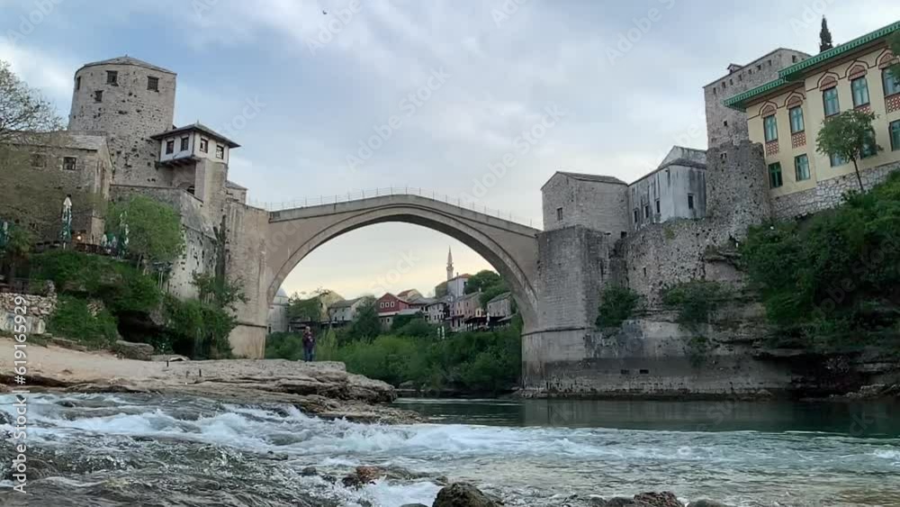 Mostar bridge with clear crystal Neretva river Mostar bridge with clear crystal Neretva river