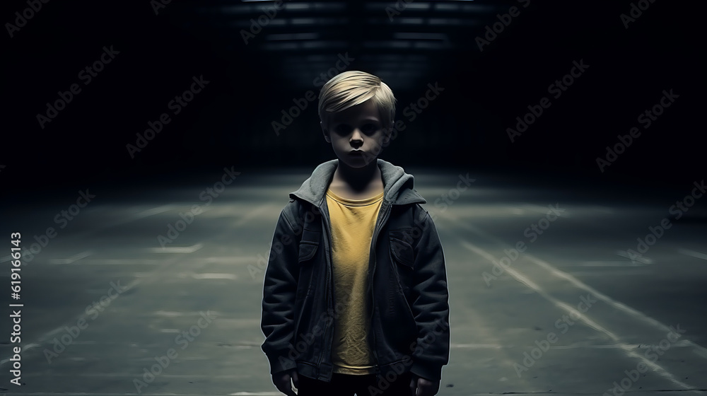 Small sad child in alone in middle of dark cold room , child abuse illustration concept Small sad child in alone in middle of dark cold room , child abuse illustration concept