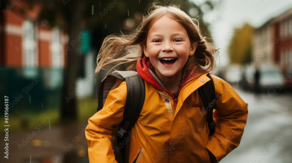 Small schoolgirl with satchel running to school smiling , back to school concept Small schoolgirl with satchel running to school smiling , back to school concept
