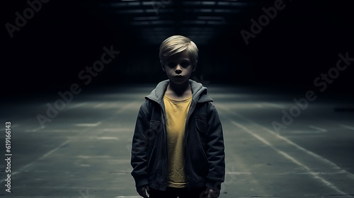 Small sad child in alone in middle of dark cold room , child abuse illustration concept