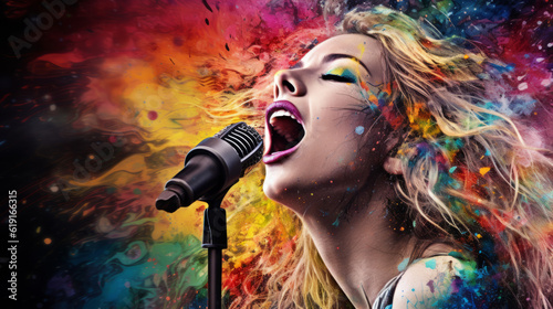 Portrait of a woman singing in colorful splatter over a microphone © Keitma