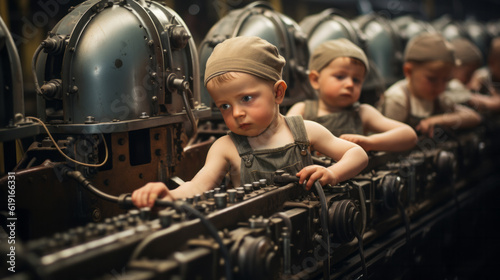 Young children working in heavy industry , child labor illustration concept