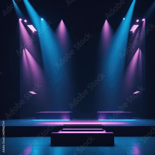 Futuristic Podium Stage With Bright Colorful Spot Lights, Neon Colors, Show Room Interior, Fashion Catwalk, Generative AI