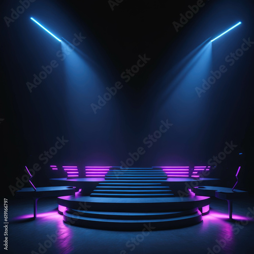 Futuristic Podium Stage With Bright Colorful Spot Lights, Neon Colors, Show Room Interior, Fashion Catwalk, Generative AI