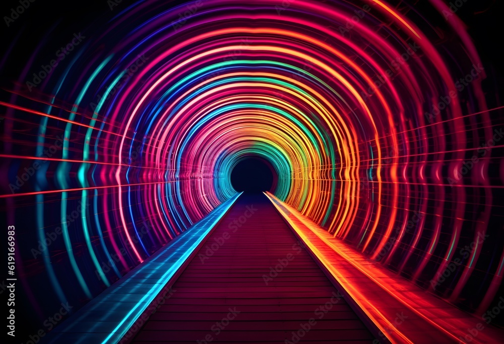 Illustration of neon rainbow tunnel. Level design. Retro wave
