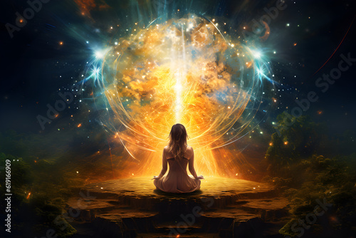 Meditating woman opens to universe, awakening