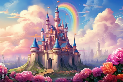 Cartoon fantasy castle with roses and rainbow sky