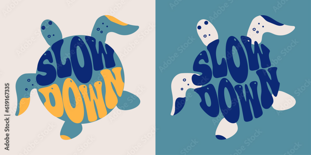 Slow down. Retro groovy lettering. Retro slogan in round shape.Vector turtle icon illustration for greeting card, t shirt, print, stickers, posters design on white background.