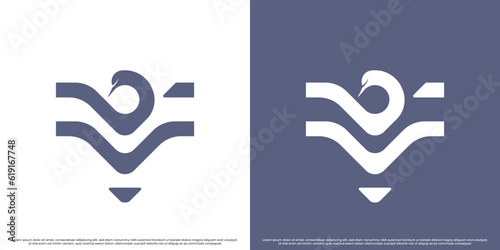 Swan letter v champion logo design illustration. Simple flat silhouette elegant minimalist modern creative geometric monogram animal bird goose letter f and trophy. Animal champion mascot symbol icon.