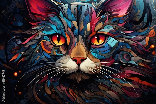 Painting of Colorful cat head full of bright colors and cubist futurism. Digital artwork. 