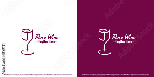 Rose wine logo design illustration. Simple flat line silhouette creative rose wine glass minimalist elegant luxury classic modern night club bar alcoholic beverage bordeaux red wine.