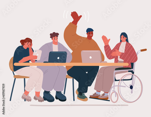 Cartoon illustration of Wheelchair user working in office. Concept of people inclusion into team, society. Employee in wheel chair at workplace