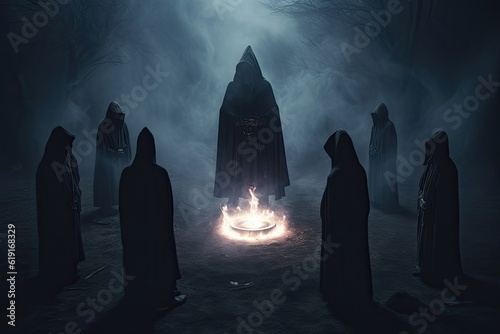 Group of evil sorcerers starting a ritual on a graveyard, powerful dark and mysteriouis, Generative AI