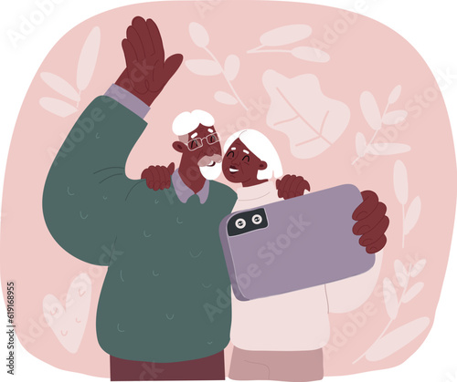 Cartoon illustration of Happy old couple of black-skinned man and woman. Senior African-American people standing together make photo together or chatting by phone